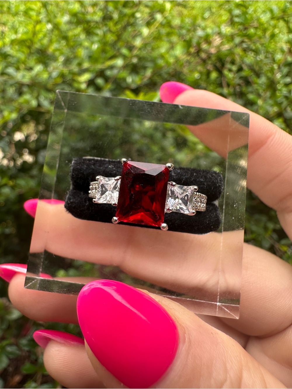 Red Emerald-Cut Three-Stone Cocktail Ring - Silver Tone